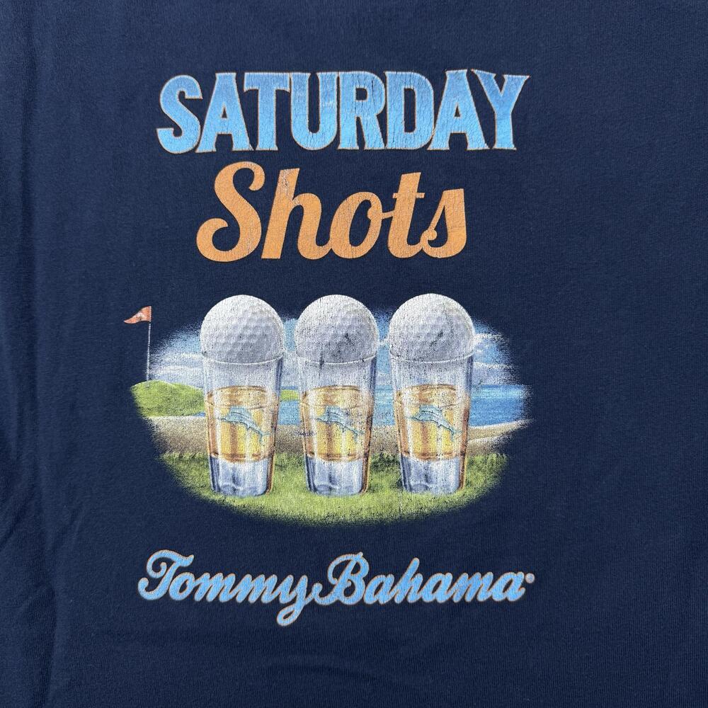 Tommy Bahama Shirt Mens Large Blue Saturday Shots Golf Bar Graphic Tee Novelty